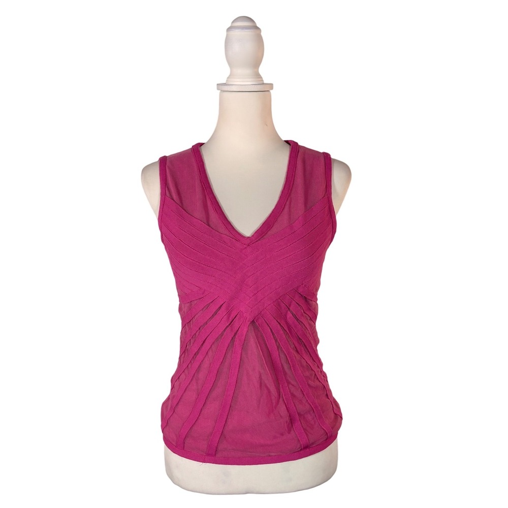 Vintage 90s Y2K Pink Top Women's M Fitted V-Neck Body Con Stretchy Retro Casual